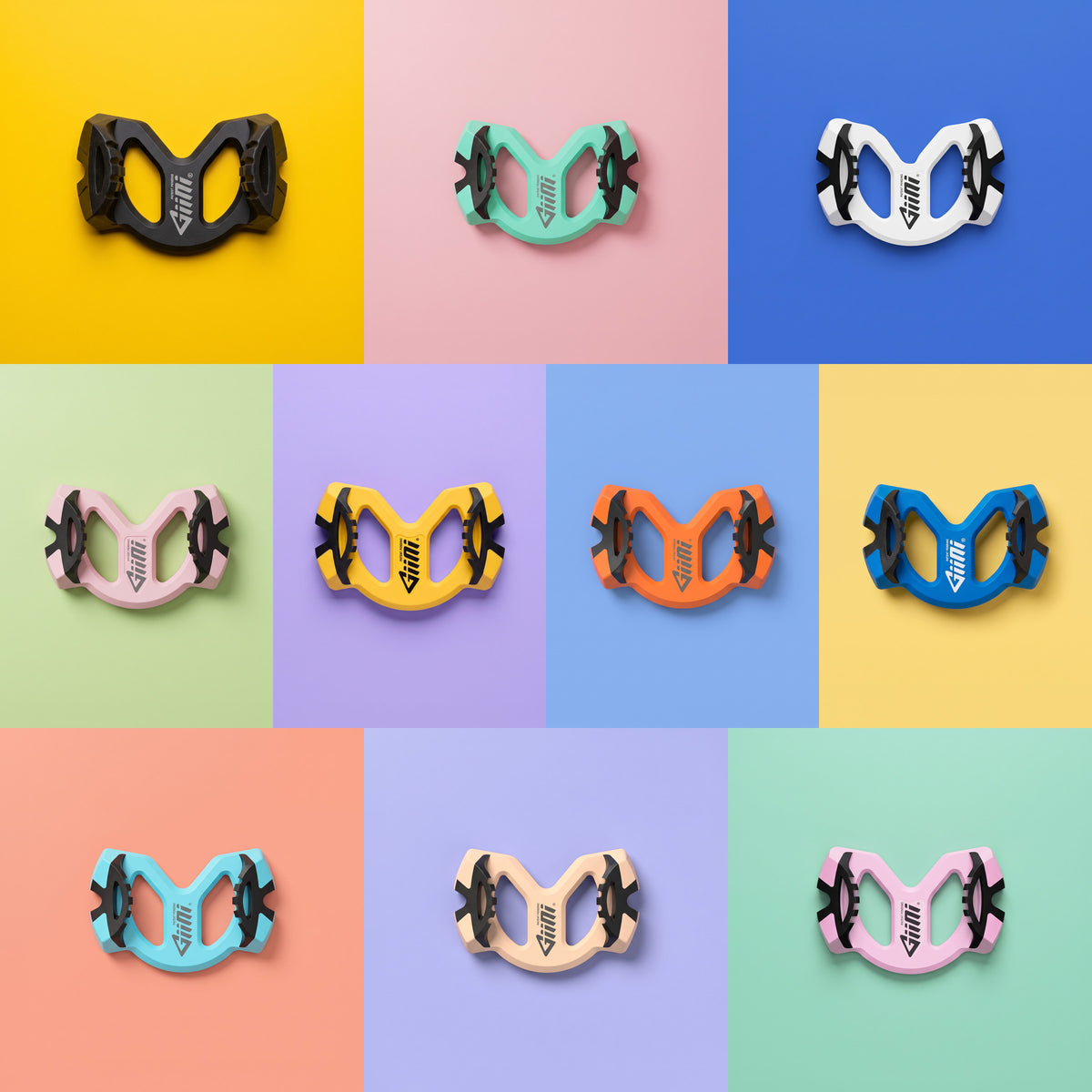 All ten Giini Pyro colorways on color-field backgrounds