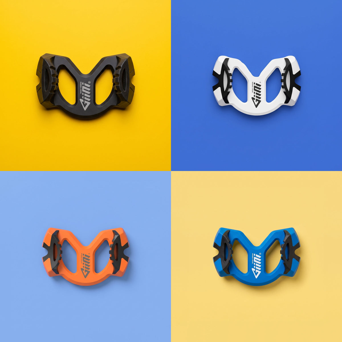 Giini Pyro Sport collection: Obsidian, Whiteout, Blaze Orange and Hyper Blue on color-field backgrounds