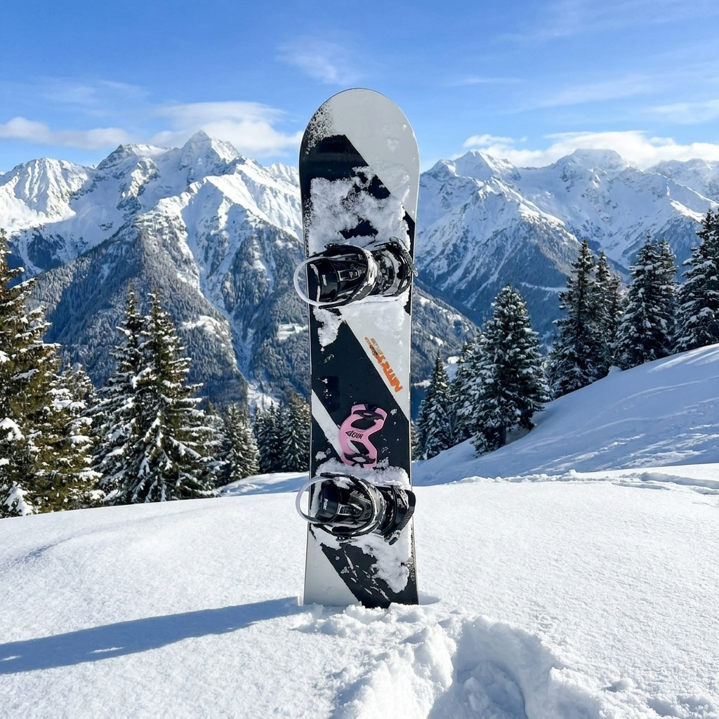 Giini Pyro Alpenglow mechanical stomp pad mounted on a snowboard topsheet