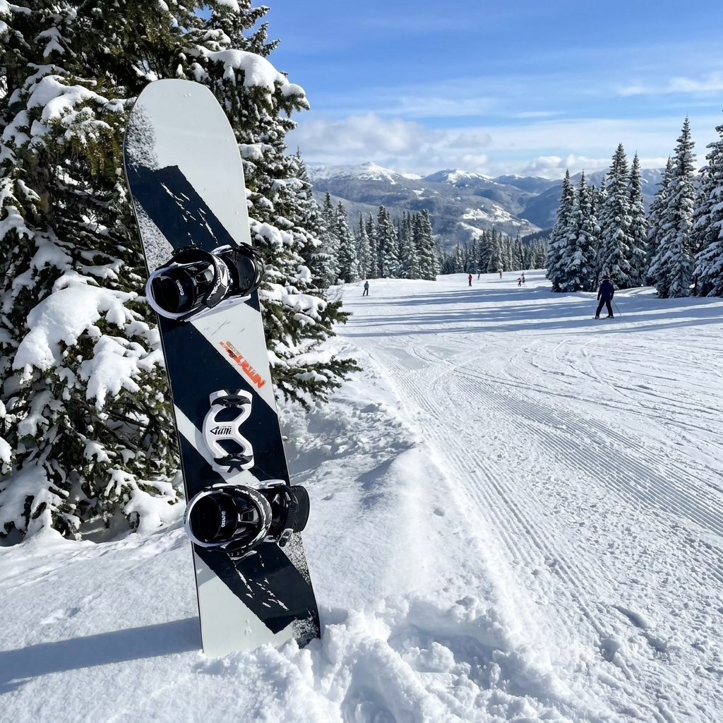 Snowboard with a Giini Pyro Whiteout standing upright beside a groomed run, skiers and peaks in the distance